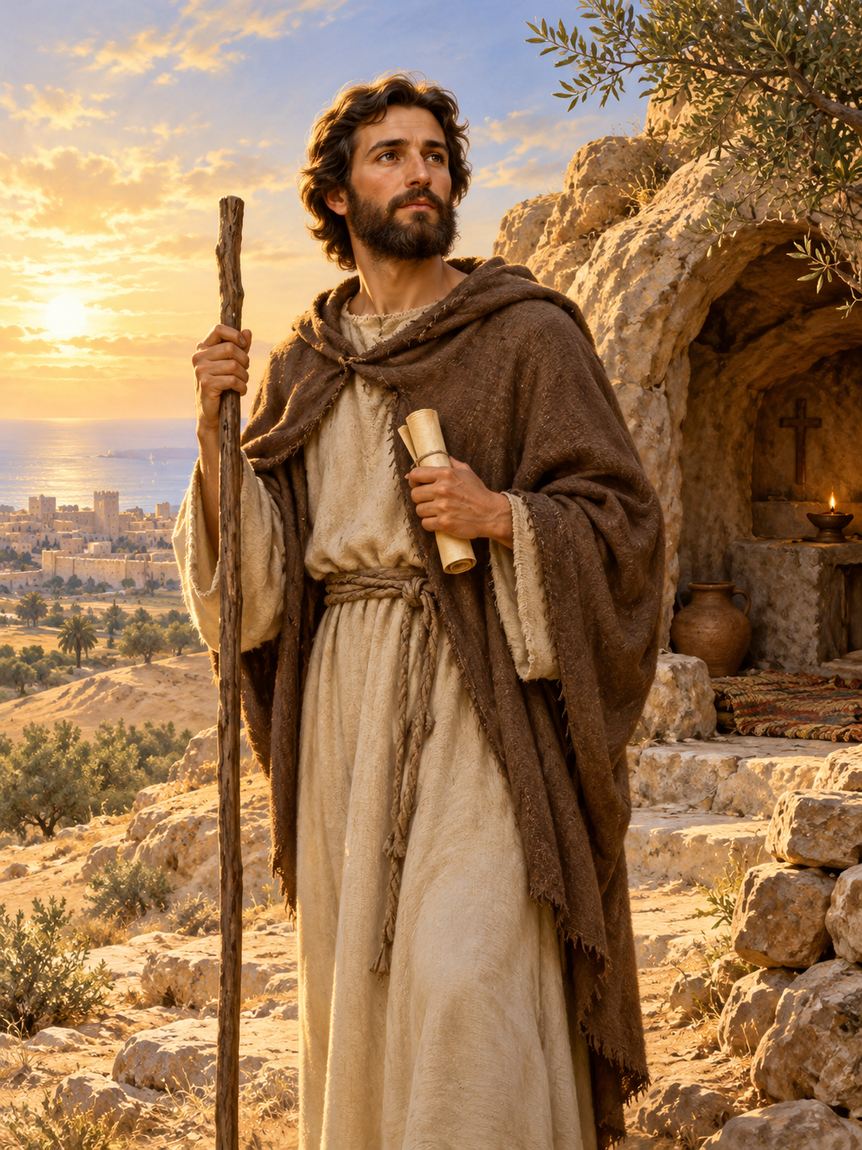Ilustración de san Hilarión en el desierto